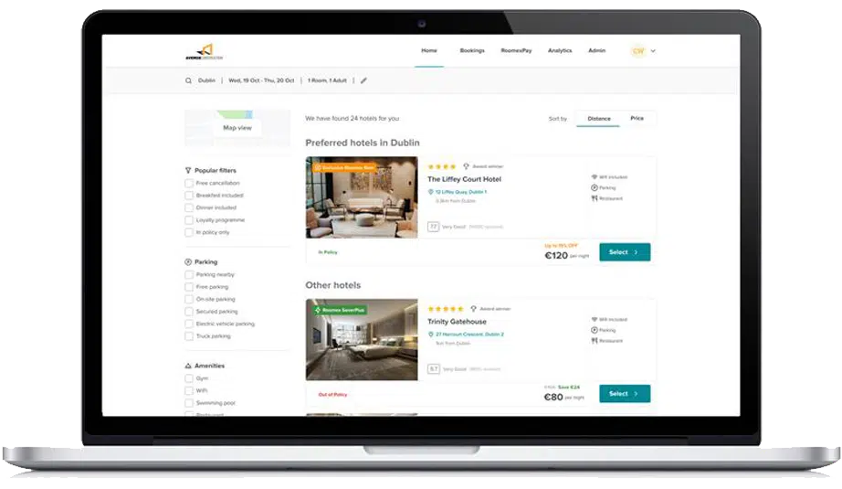 Business travel booking platform interface with search results